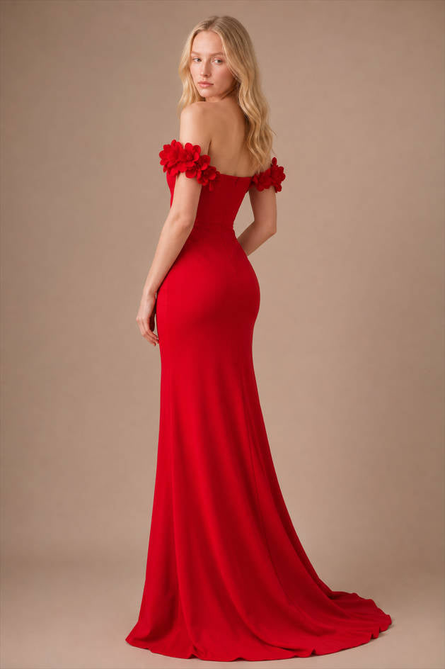 Off Shoulder Floral Appliqué Mermaid Gown