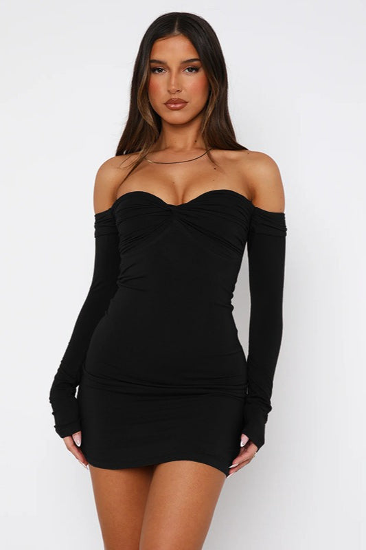 Solid Off-Shoulder Low Cut Ruched High Waist Elegant Cocktail Dress