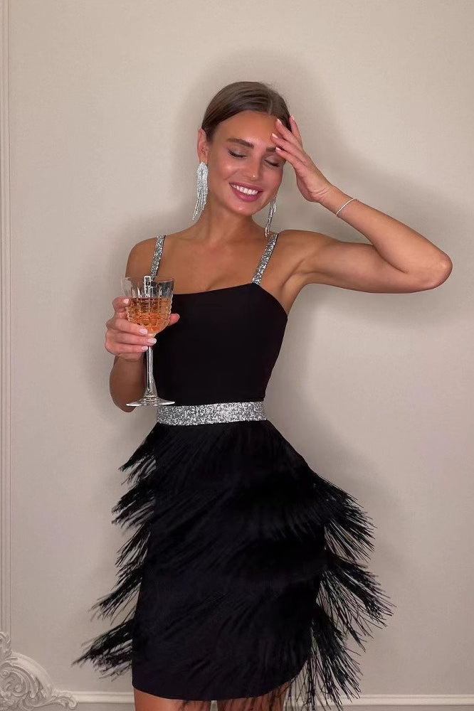 Elegant Black White Blue Sling Fringe Midi Cocktail Dress