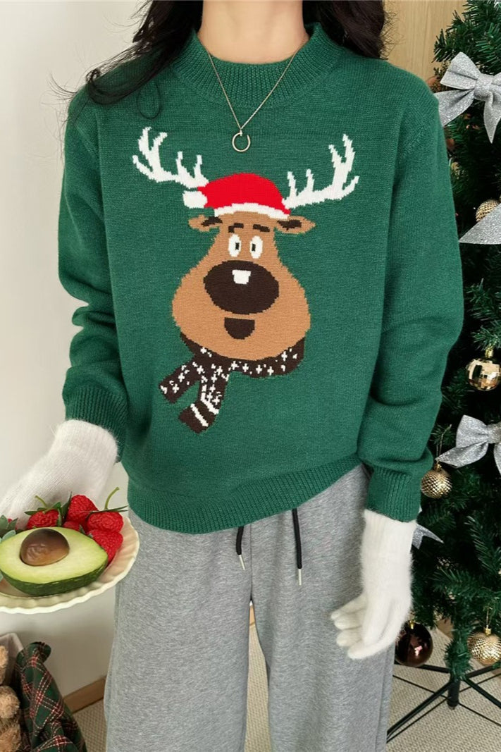 Crew Neck Color Block Deer Sweater