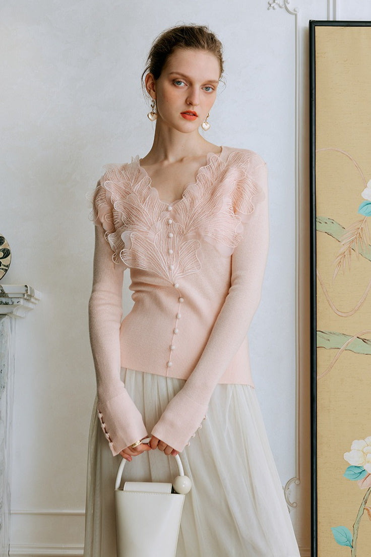 Feather Lace Detail Knit Top