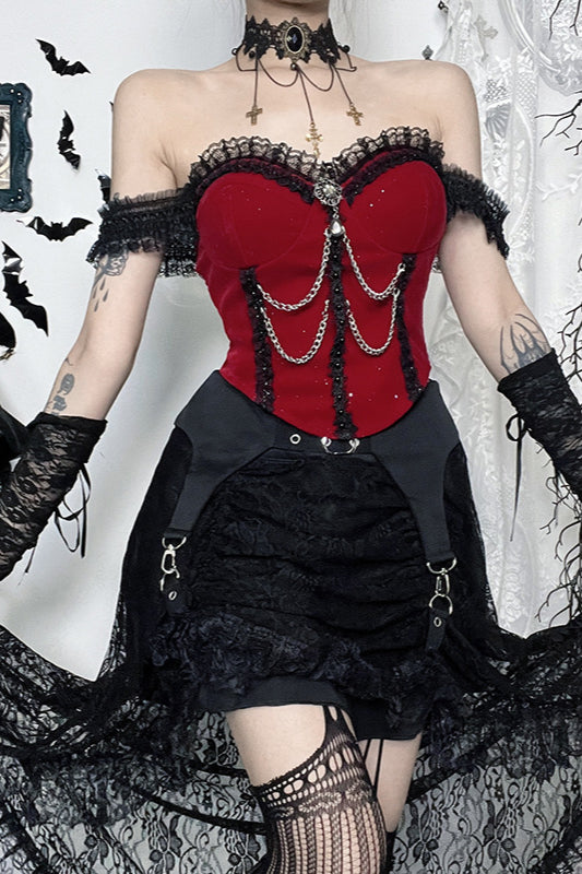 Red Shimmer Off Shoulder Bustier Corset - Fashionpara