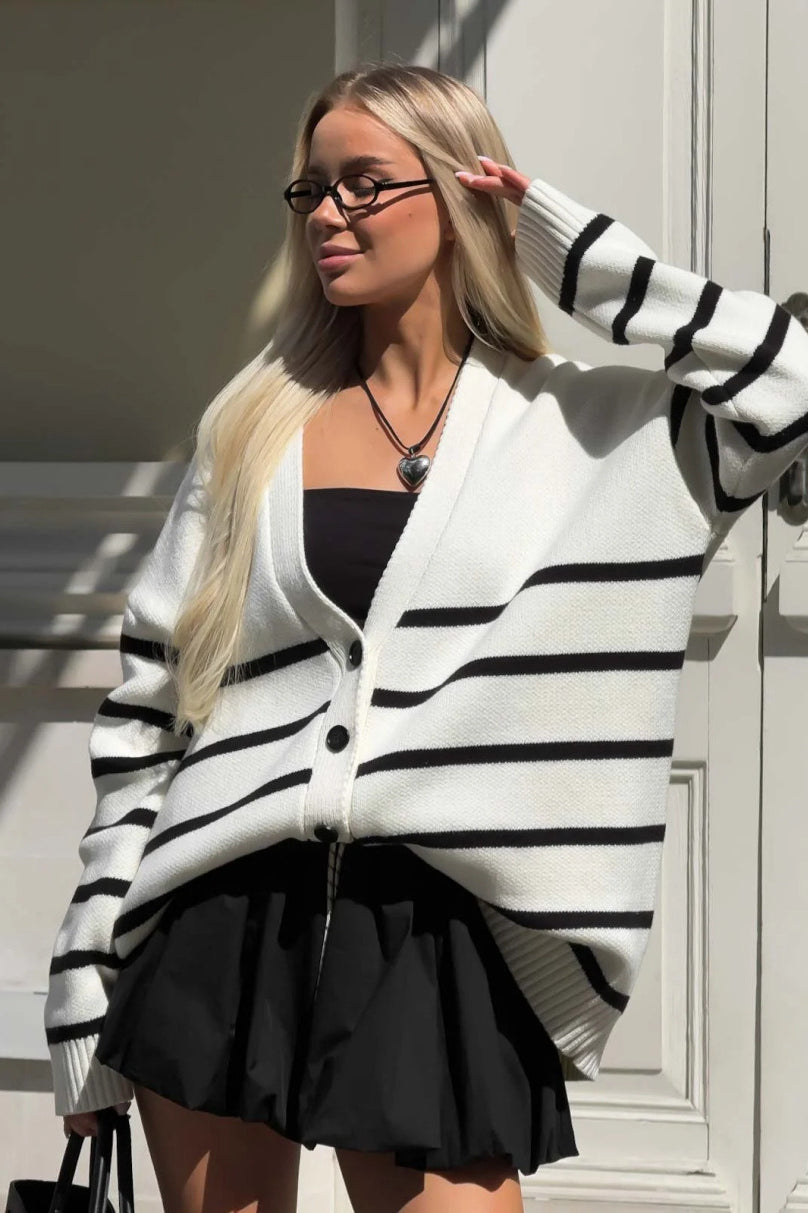 Slouchy Striped V Neck Cardigan for Effortless Style