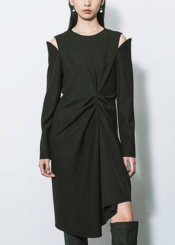 Long Sleeve Pointed Shoulder Cold Shoulder Twisted Midi Dress