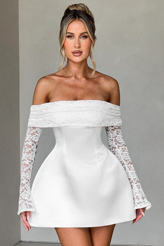 Satin Lace Off Shoulder Long Sleeve Fit and Flare Mini Dress