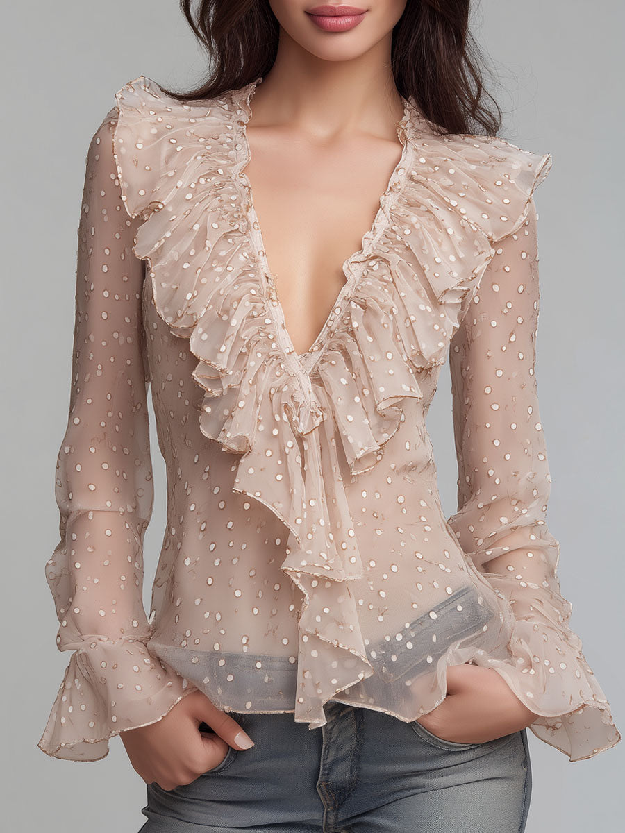 Blush Nude Asymmetric Ruffled Polka-Dot Sheer Blouse
