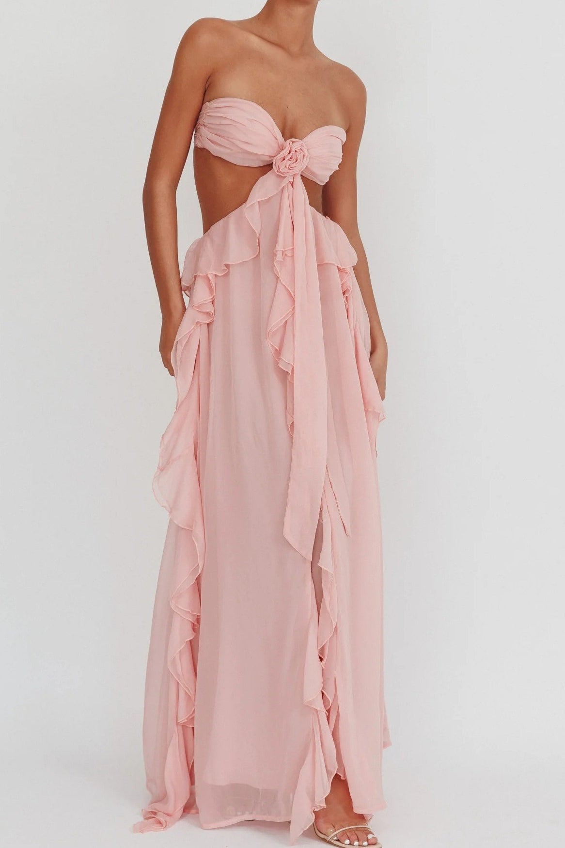 Strapless Chiffon Ruffle Rosette Cut Out High Split Maxi Dress - View 4