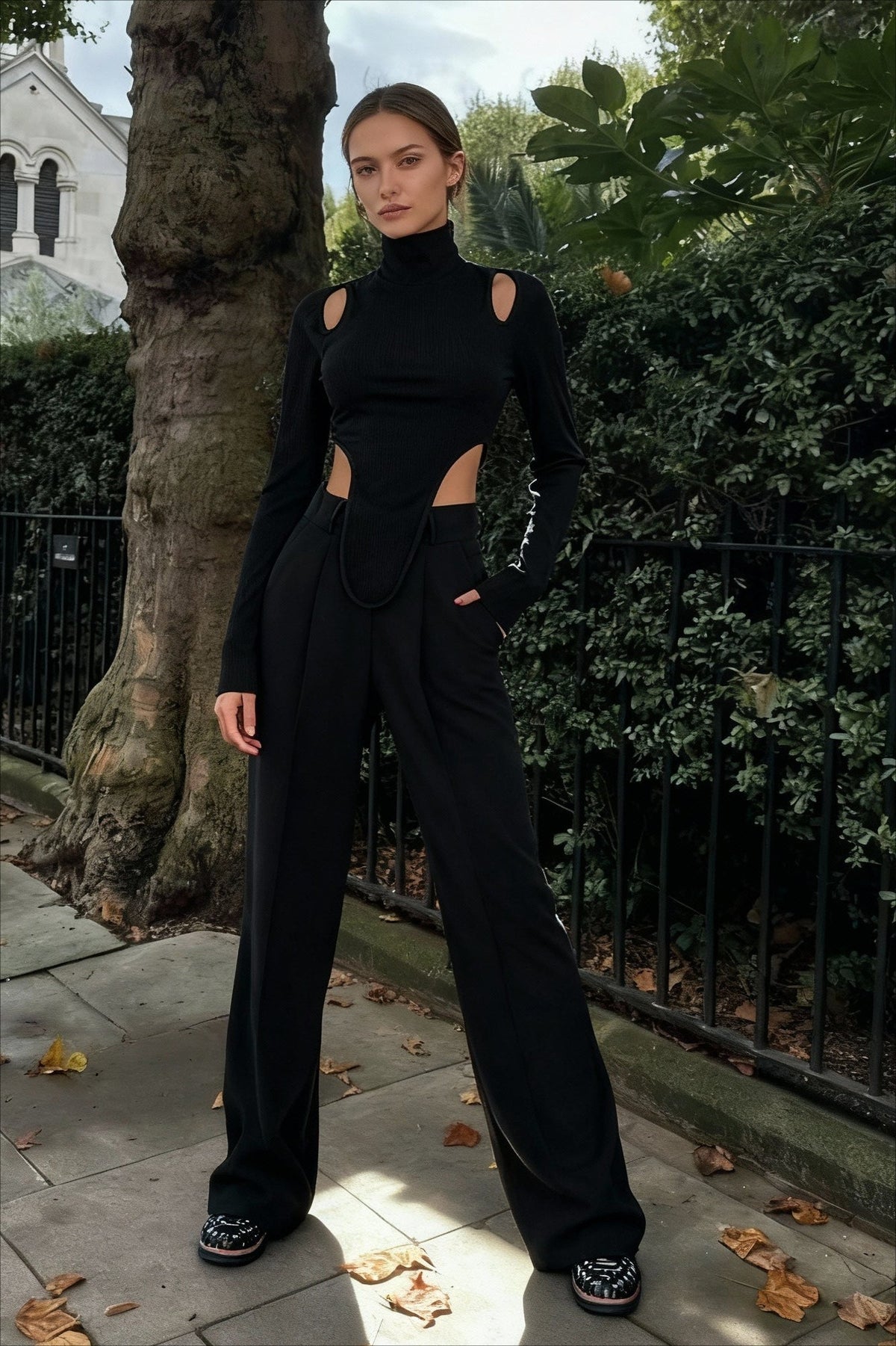 Cut Out High Trendy Neck Asymmetric Hem Top