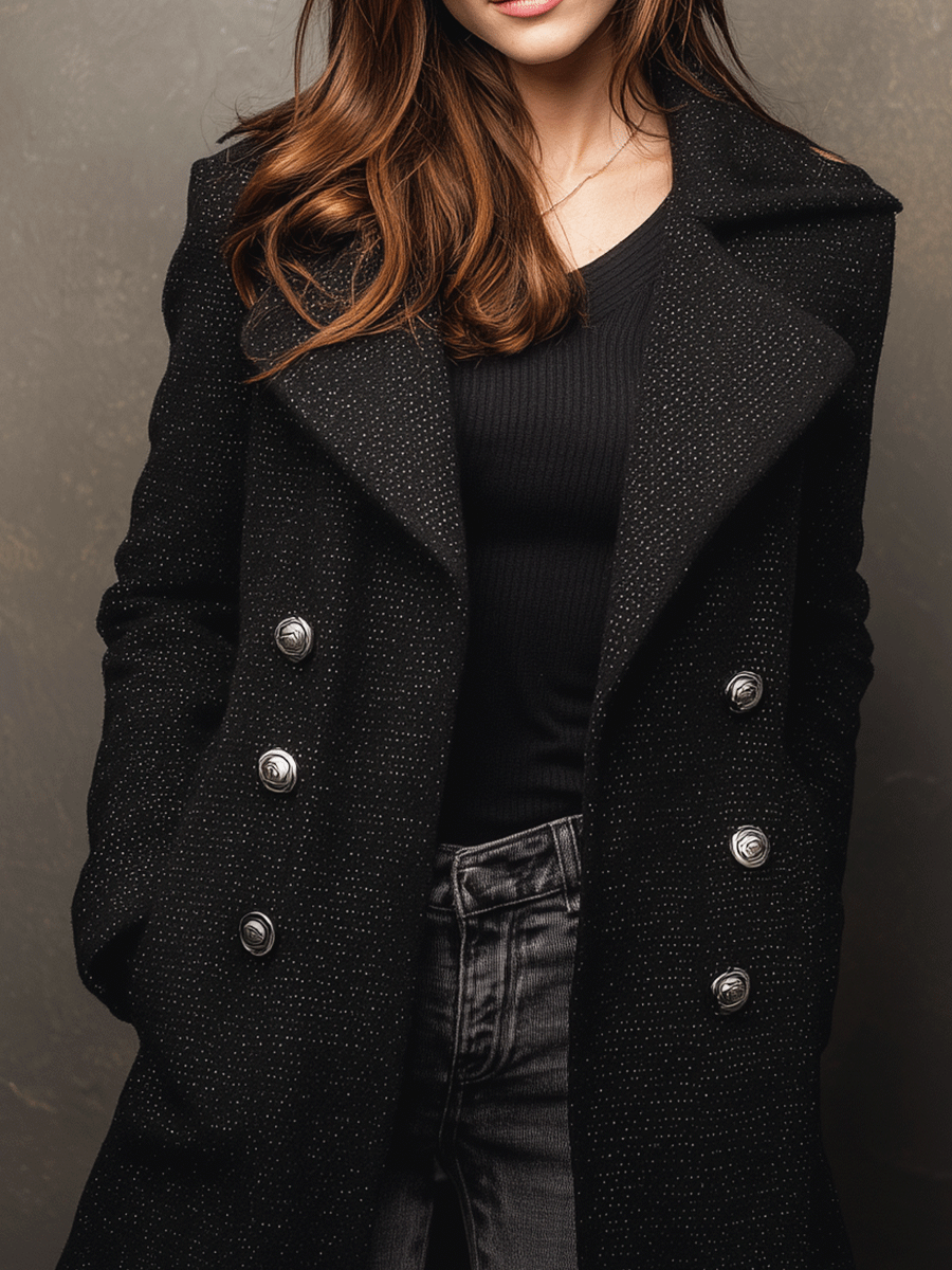 Classic Black  Double-Breasted Buttons Longline Coat - Fashionpara