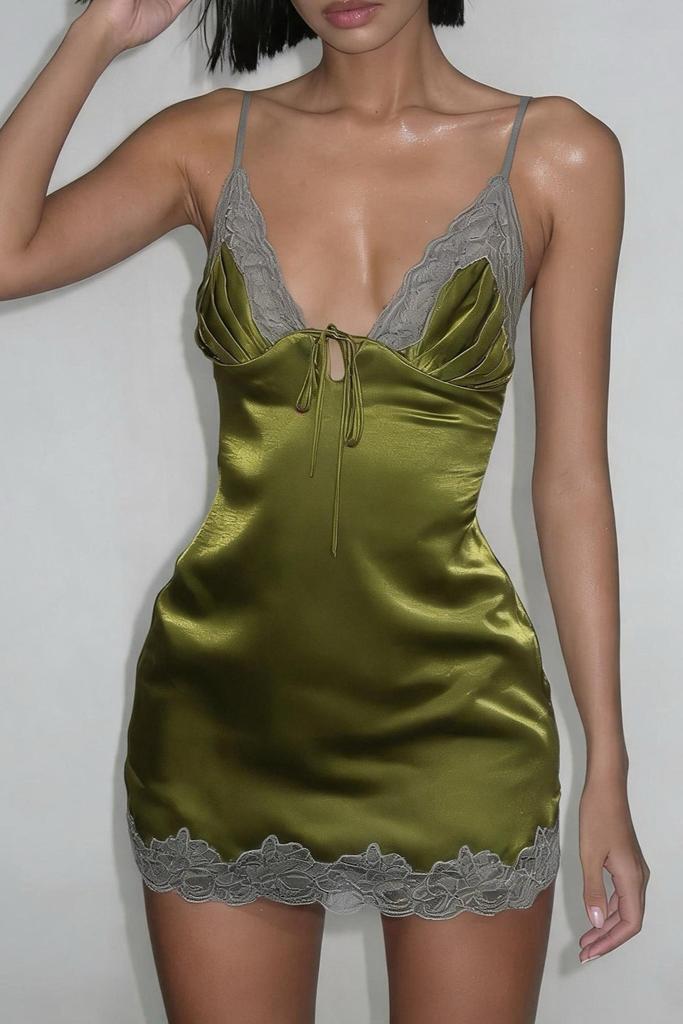 Satin V-Neck Lace Trim Tie Front Mini Dress