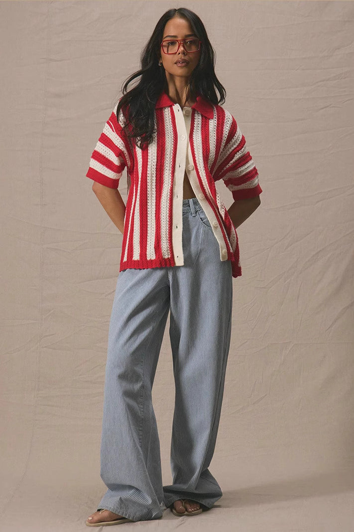 Colorblock Striped Knit Cardigan with Folded Collar Design