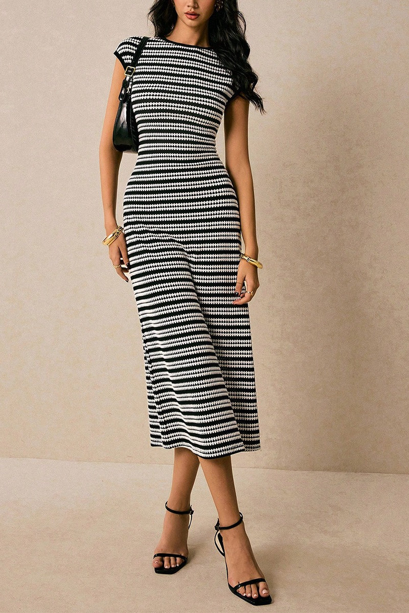 Striped Knit Crew Neck Cap Sleeve Bodycon Midi Dress
