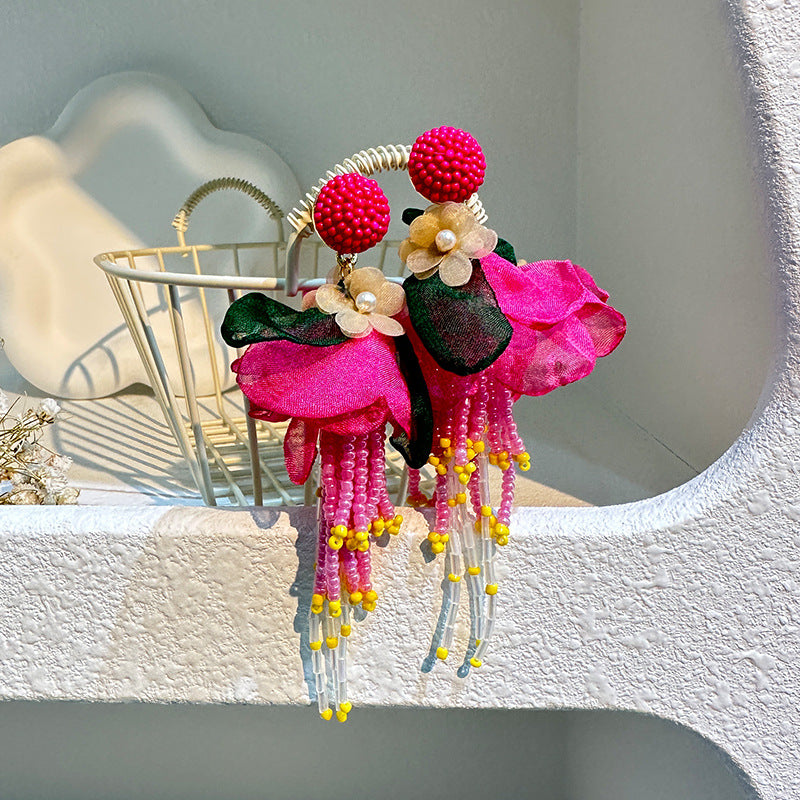 Handmade Fabric Rice Bead Tassel Earrings