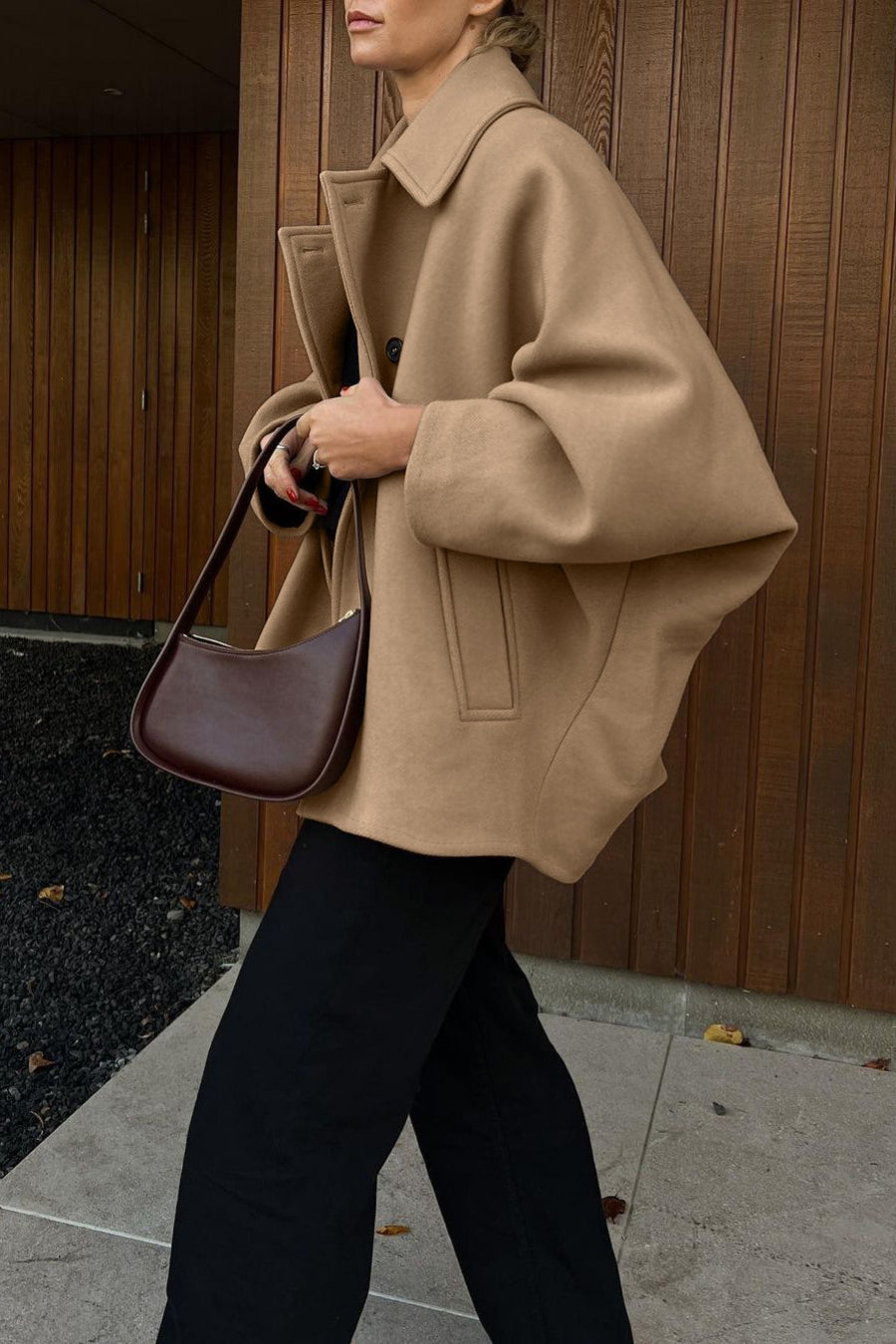 Solid Wool Notch Collar Bell Sleeve Coat