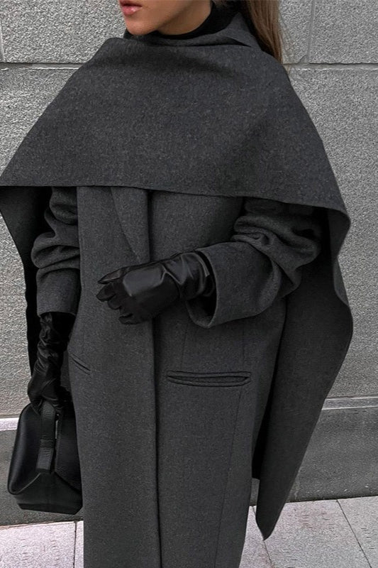 Scarf Collar Longline Woolen Elegant Solid Overcoat