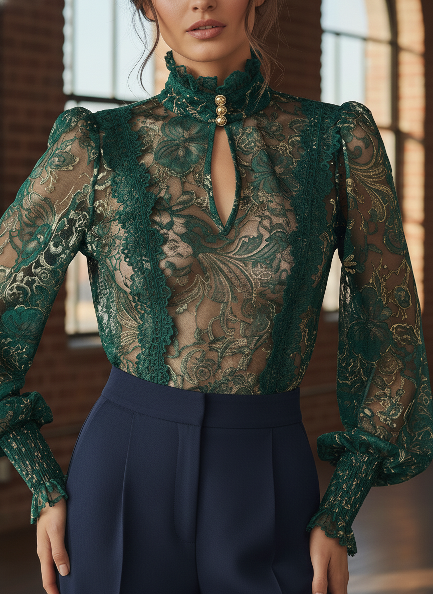 Emerald Green Gold Lace Sheer High-Neck Blouse with Keyhole Detail - Fashionpara