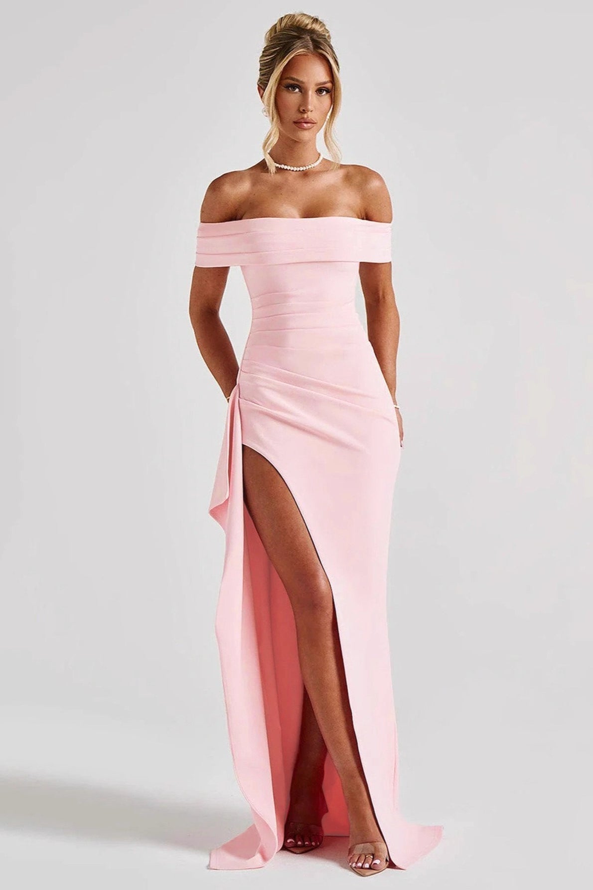 Off Shoulder Ruched High Split Maxi Gown - View 2