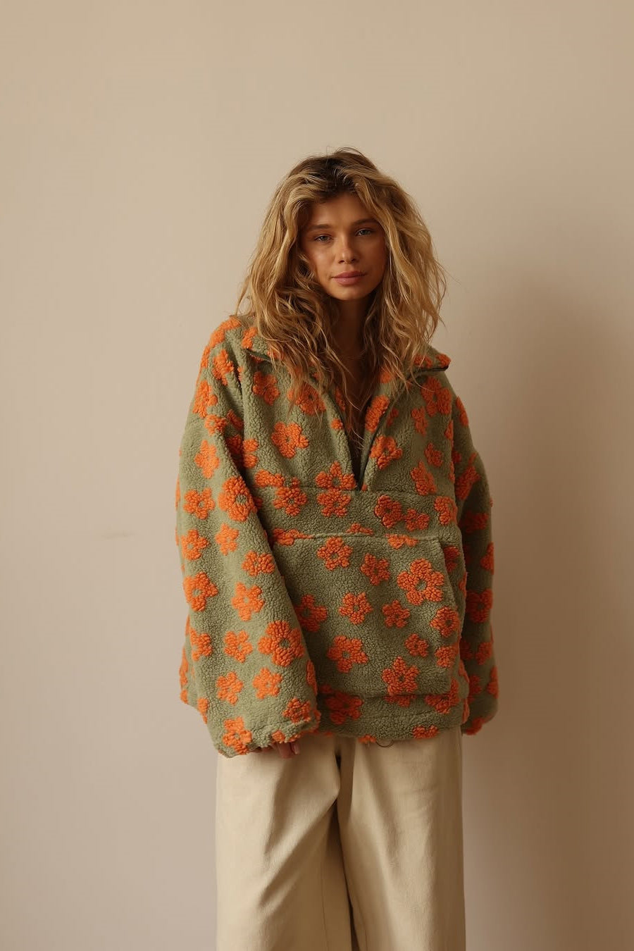 Faux Sherpa Printed Loose Zip Sweatshirt