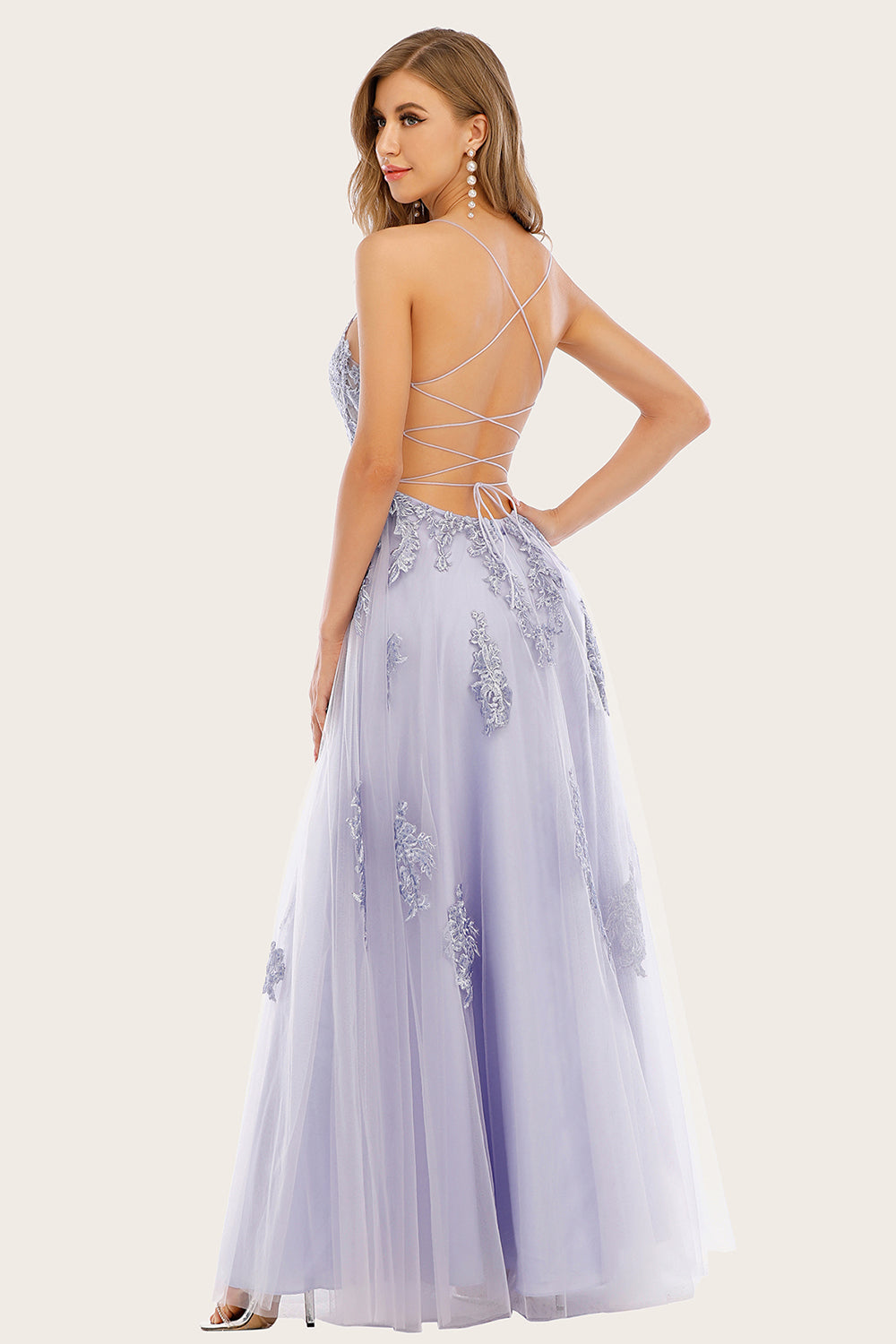 Lavender Tulle Long Prom Dress with Lace - Fashionpara