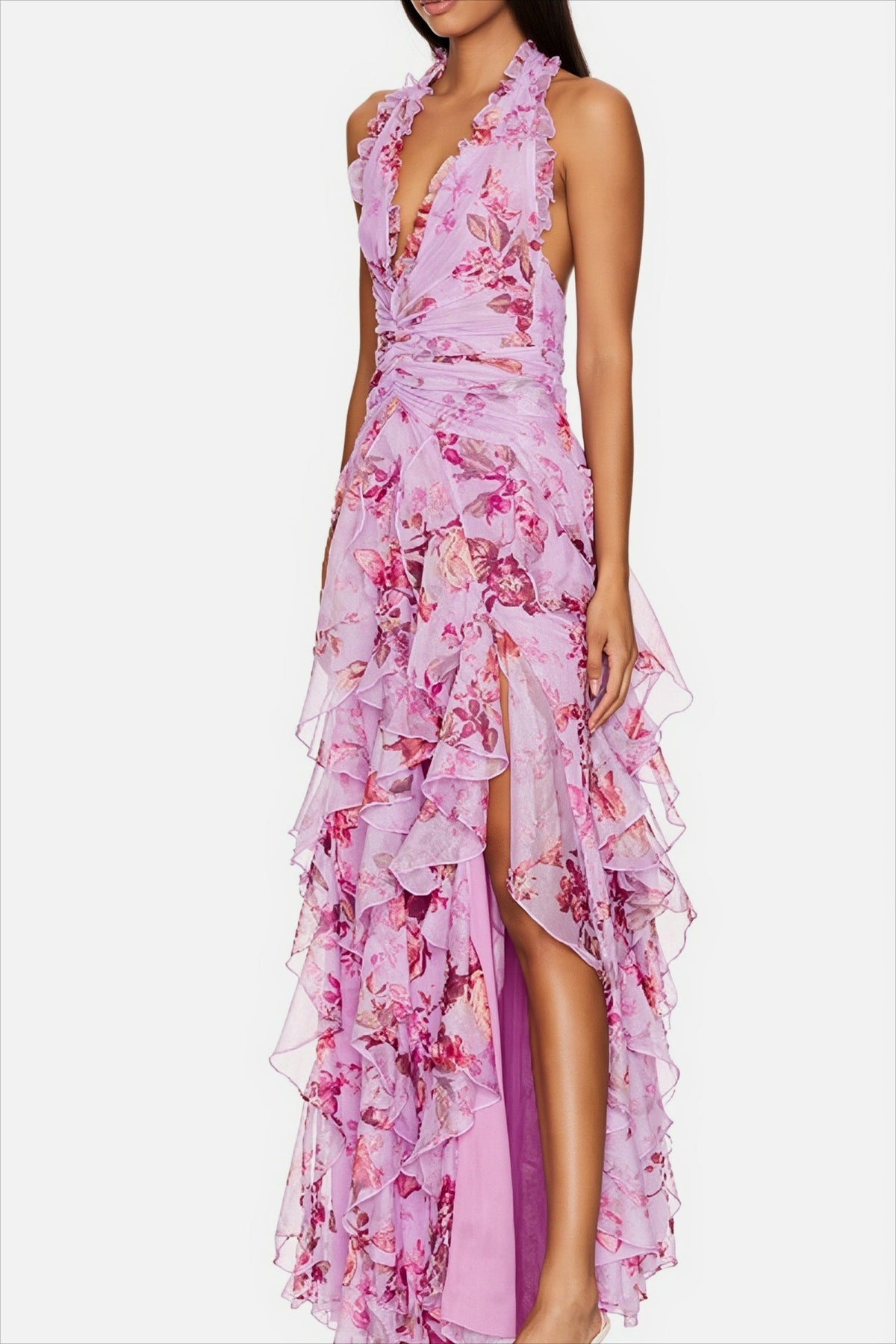 Floral Ruffle Halter Neck High Split Maxi Gown