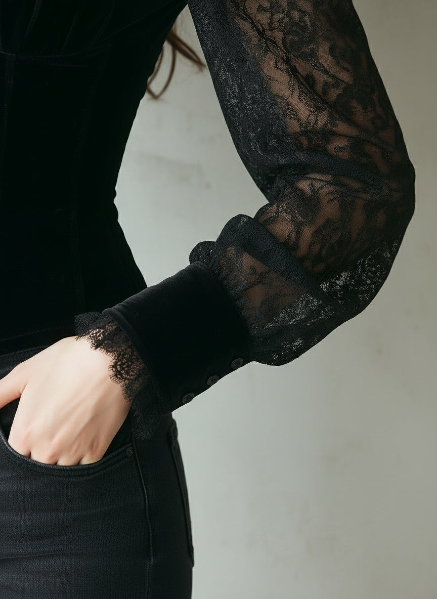 Elegant Black Velvet & Lace Victorian Blouse - Fashionpara