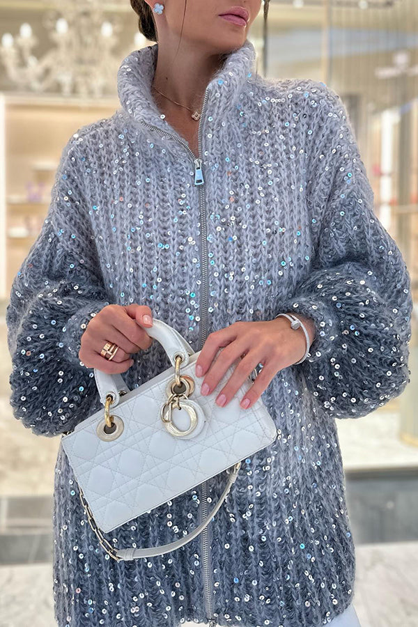 Chic Loose Knit Cardigan with Sequin Balloon Sleeves