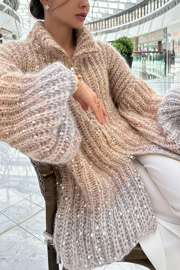 Warm Heart Sequin Balloon Sleeve Zipper Cardigan for Comfort