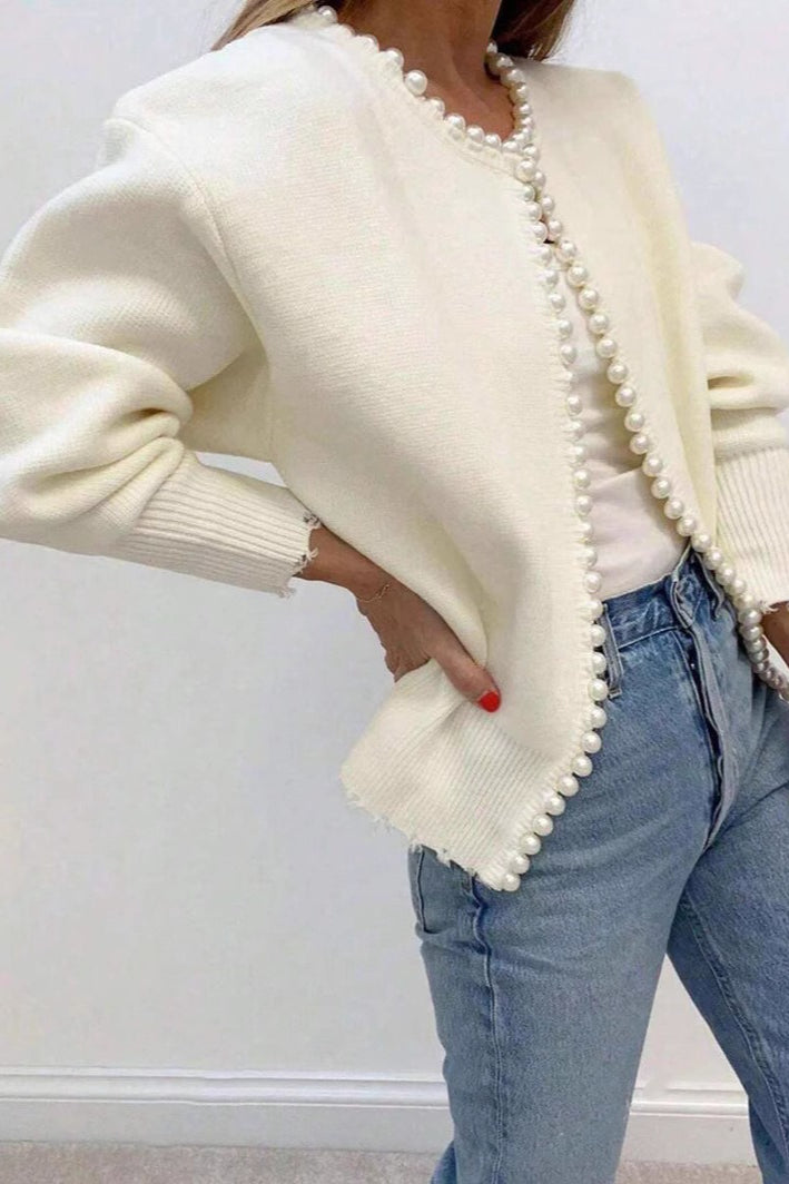 Pearl-Trimmed Heavy-Detail Knit Cardigan for Chic Elegance