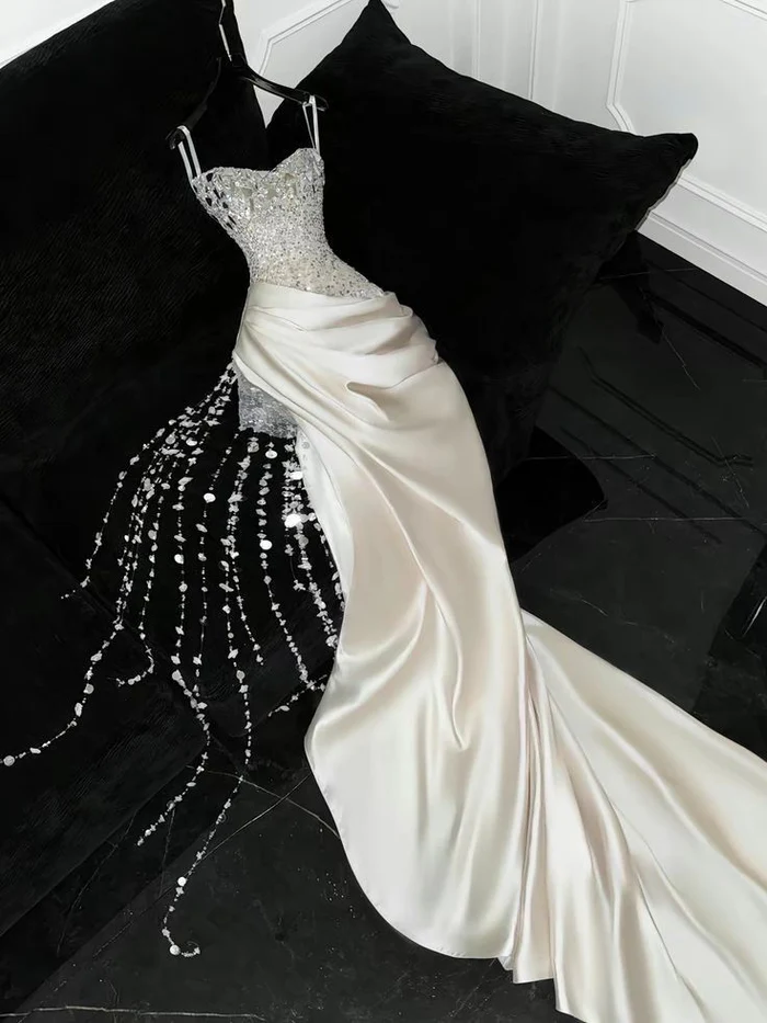 Ivory Beaded Long Prom Dress Sexy Evening Party Gown Birthday Dress - Fashionpara