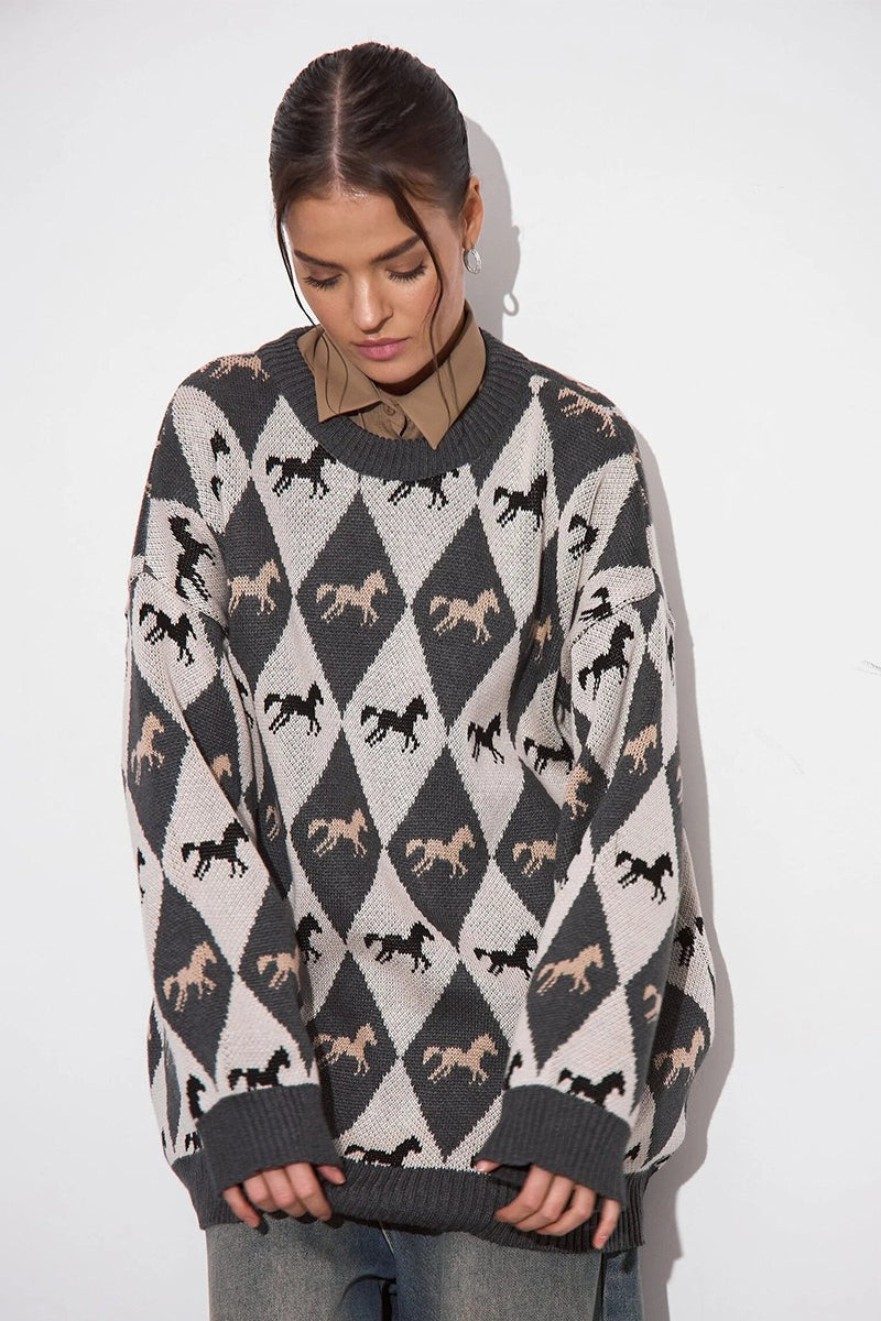 Casual Horse Graphic Pullover Sweater