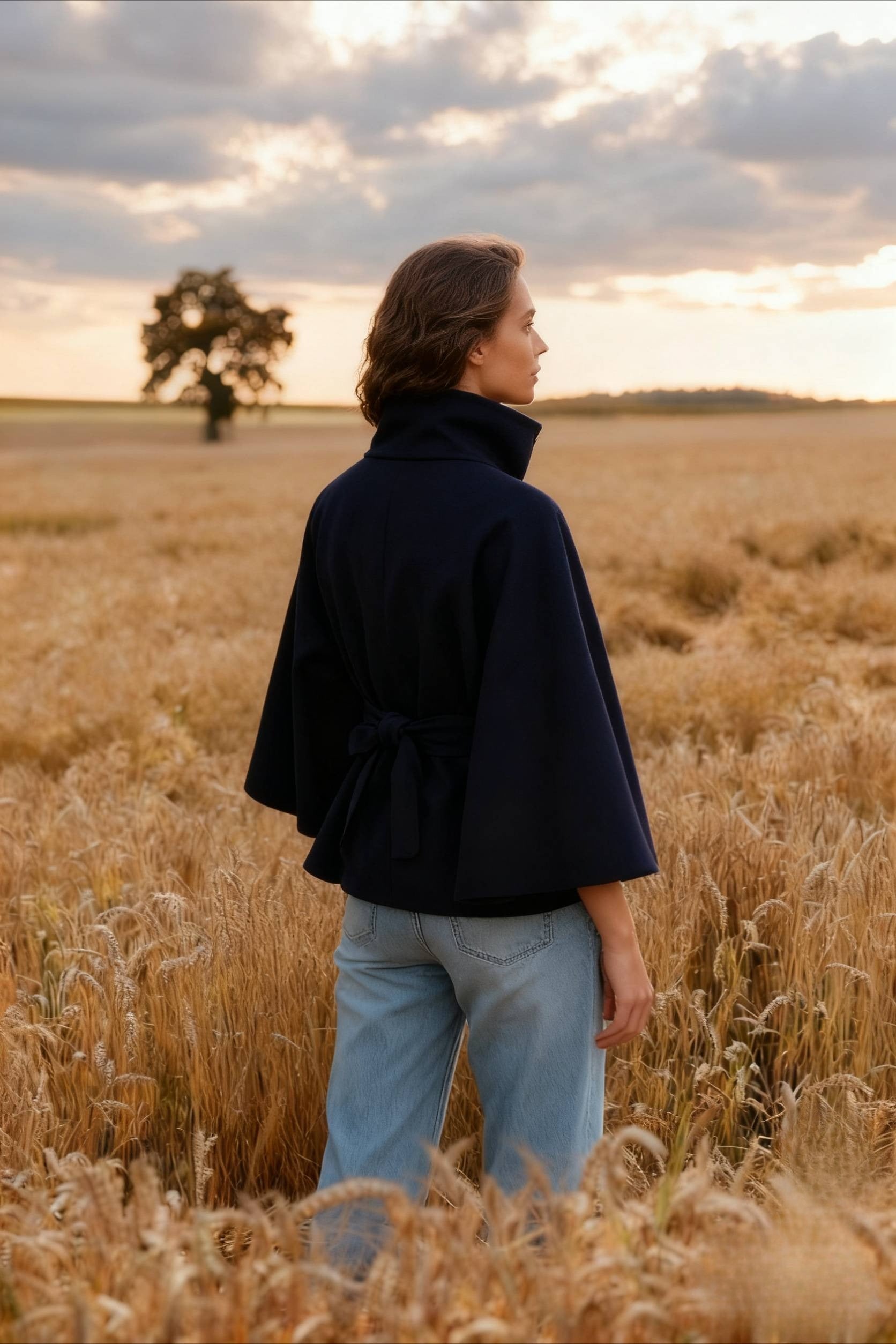 Button Up Stand Collar Cape Coat - Fashionpara