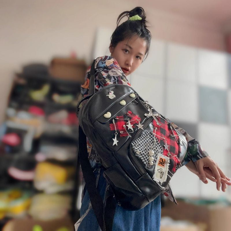 Large Capacity Gothic Star Patch Y2K Vintage Harajuku PU Leather Bag - Fashionpara