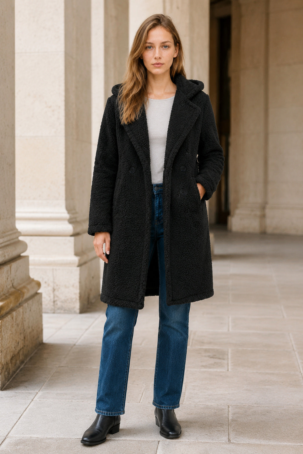 Mid-Length Fuzzy Lapel Coat
