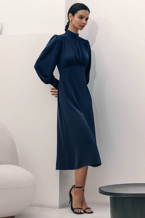 Satin High Neck Puff Sleeve Empire Waist Midi Dress