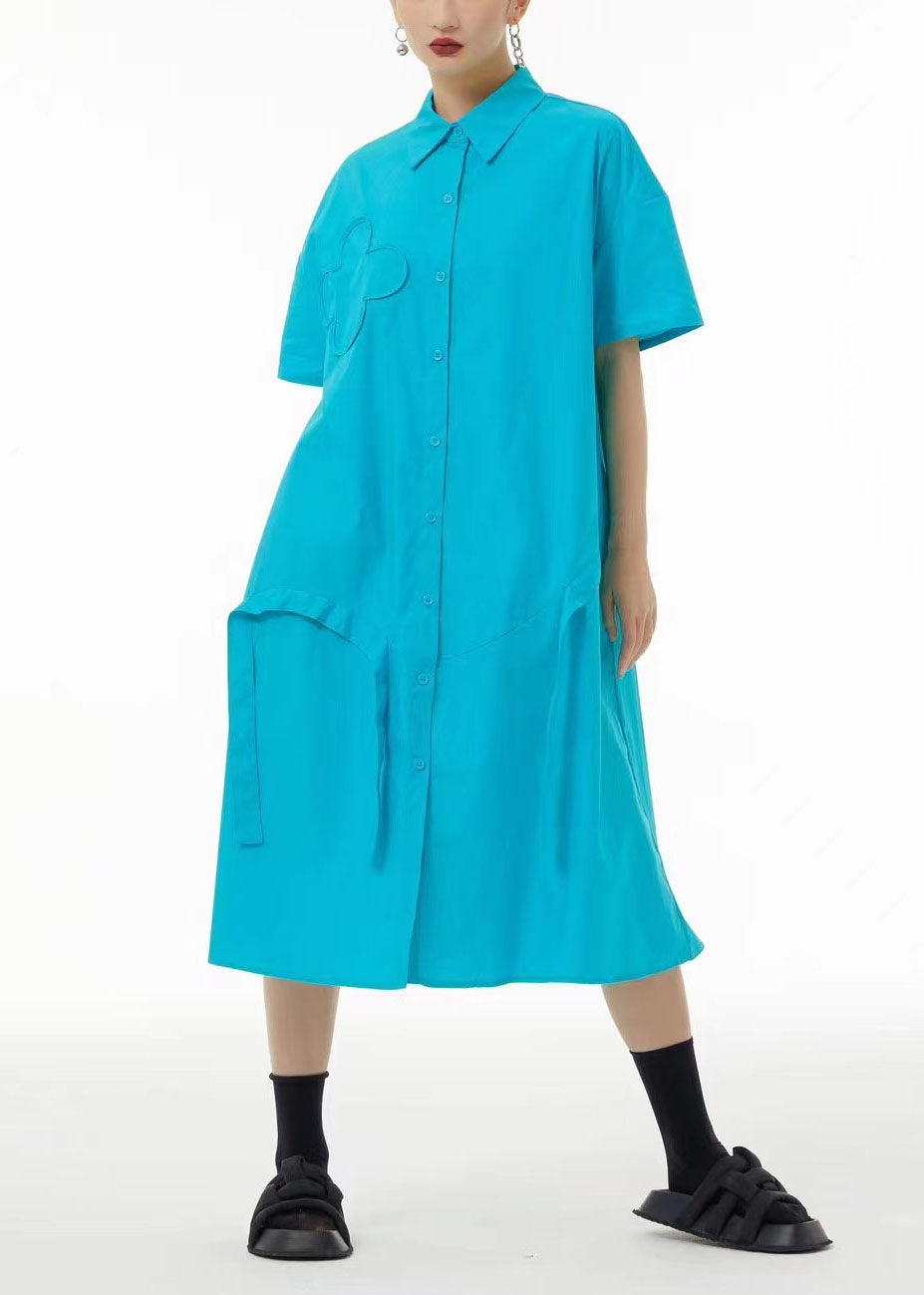 Button Down Short Sleeve Puffy Flower Appliqué Strap Midi Dress