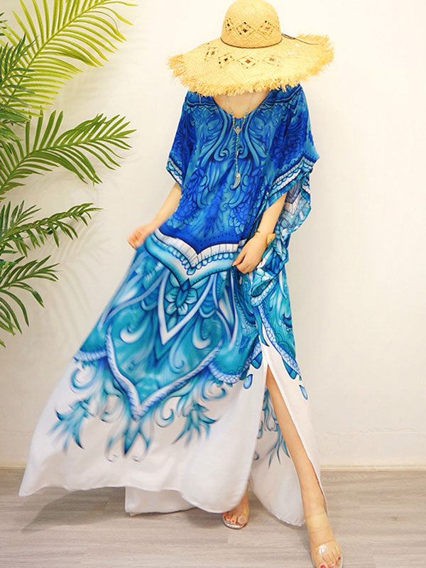 Ornate Print V-Neck Kimono Sleeve Kaftan Maxi Dress 3