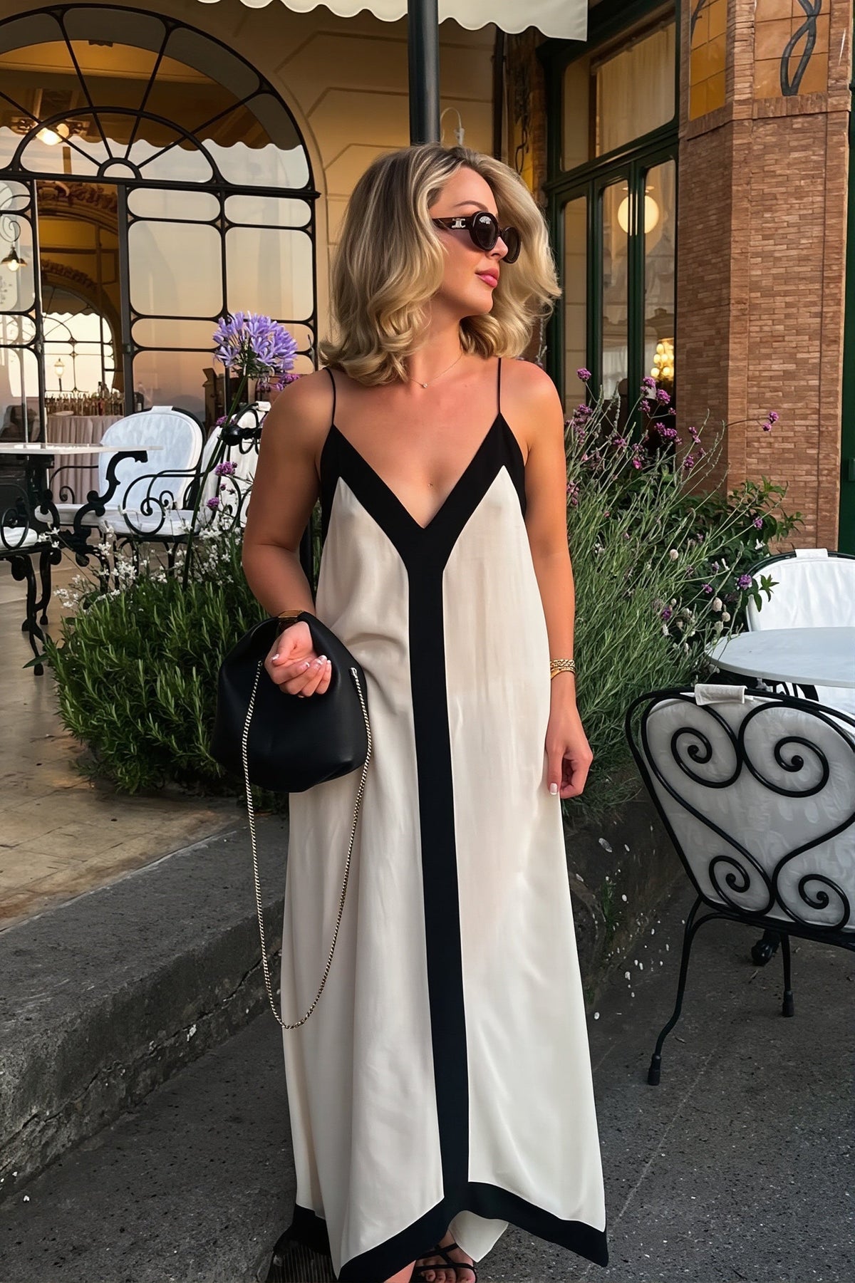Satin Contrast Trim V-Neck Spaghetti Strap Maxi Dress