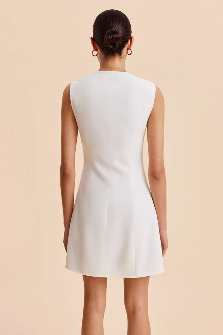Scallop-Trim Round-Neck Sleeveless Button-Front A-Line Mini Dress