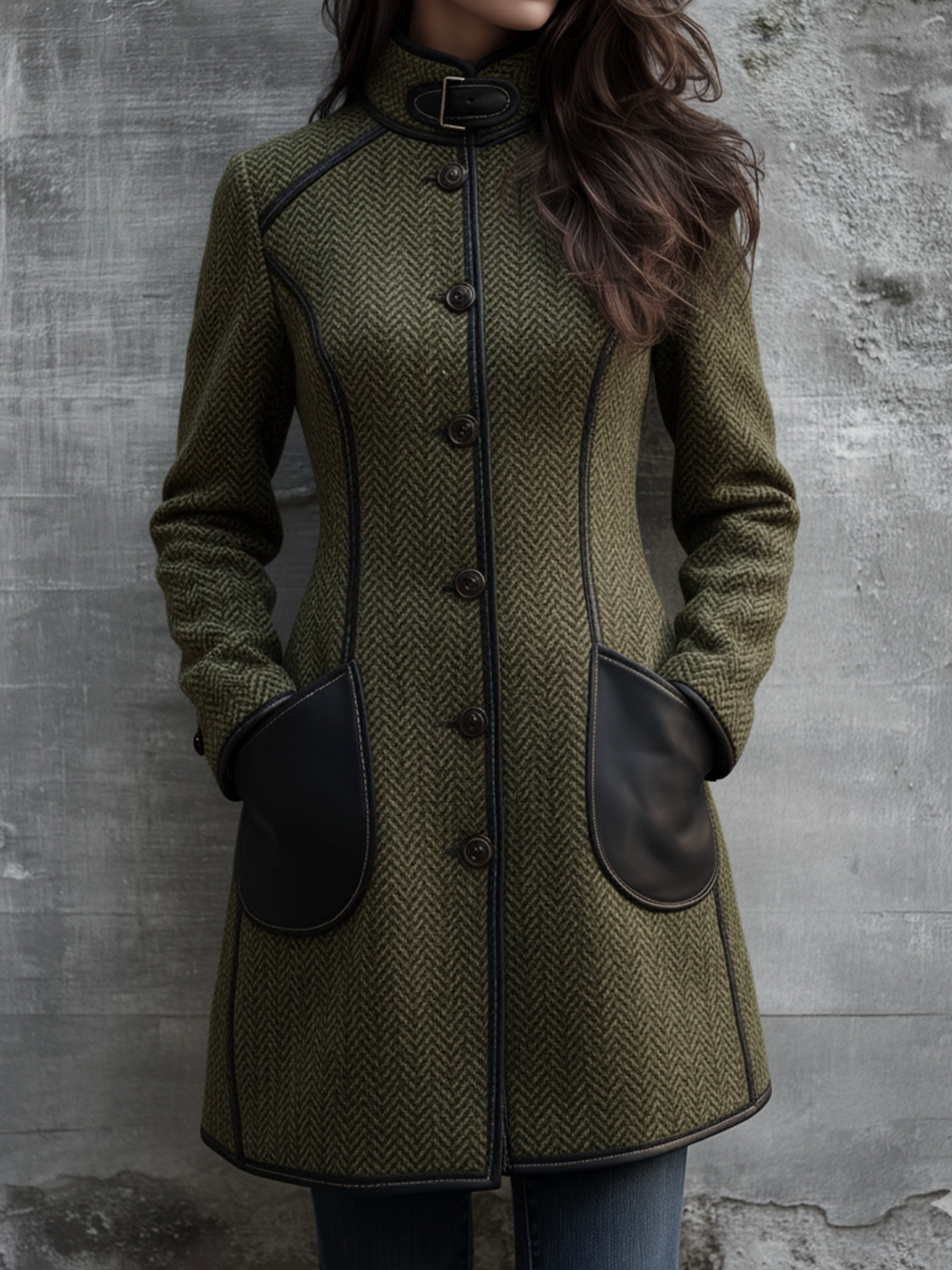 Olive Green High Neck Herringbone Buckle Coat With Contrast Leather Trim