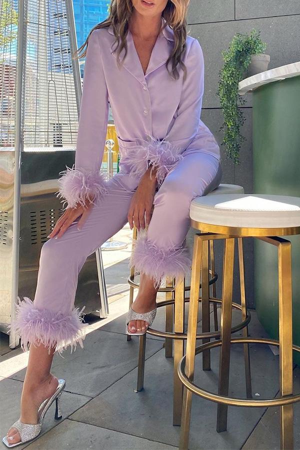 Solid Color Lapel Feather Trousers Two-piece Suit - Fashionpara