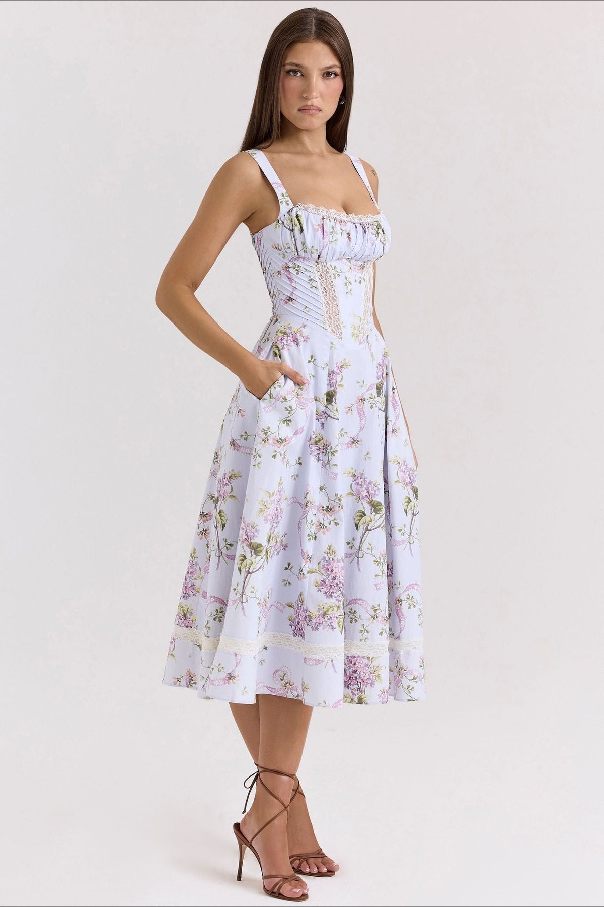 Cotton Square Neck Lace Panel Corset Midi Dress