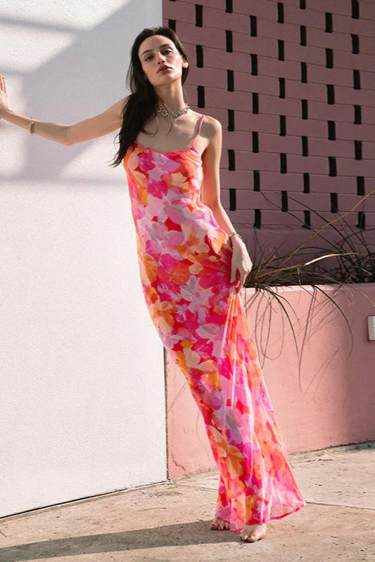 Floral U-Neck Halter Backless Bodycon Maxi Dress
