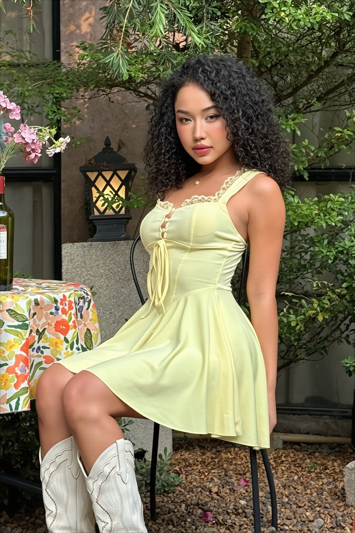 Lace-Trim Sweetheart Tie-Front Fit-and-Flare Mini Dress