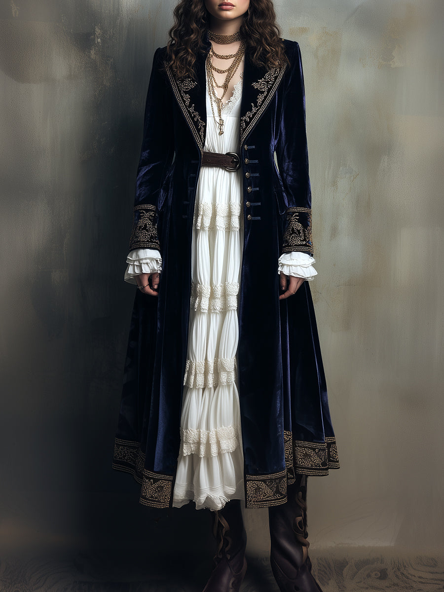 Vintage Luxury Polyester Velvet Embroidered Long Coat - Fashionpara