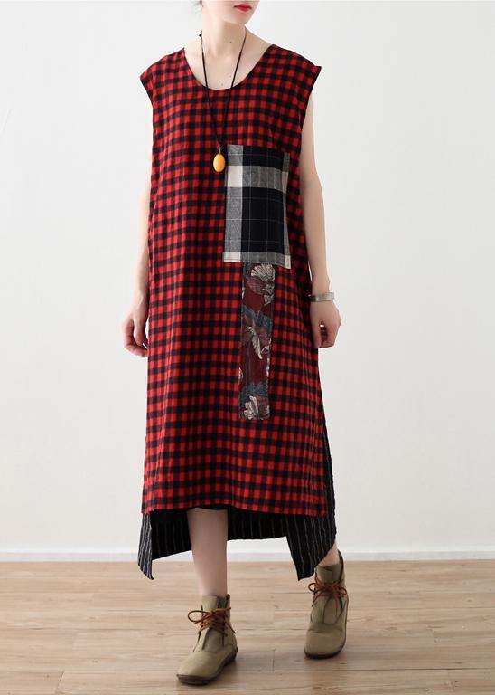 Gingham Plaid Patch Pocket Sleeveless Tiered Hem Loose Midi Dress - View 2