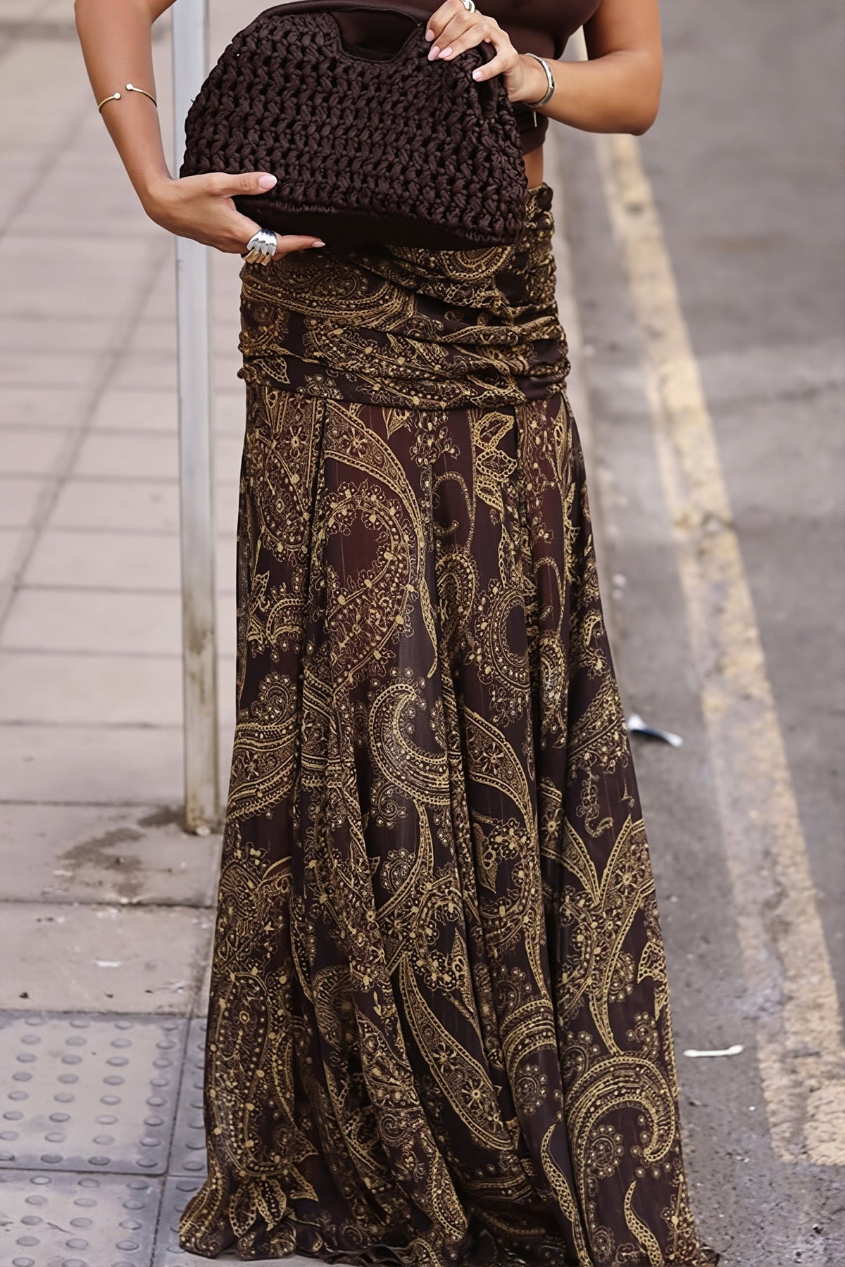 Boho Brown Paisley Print Maxi Skirt