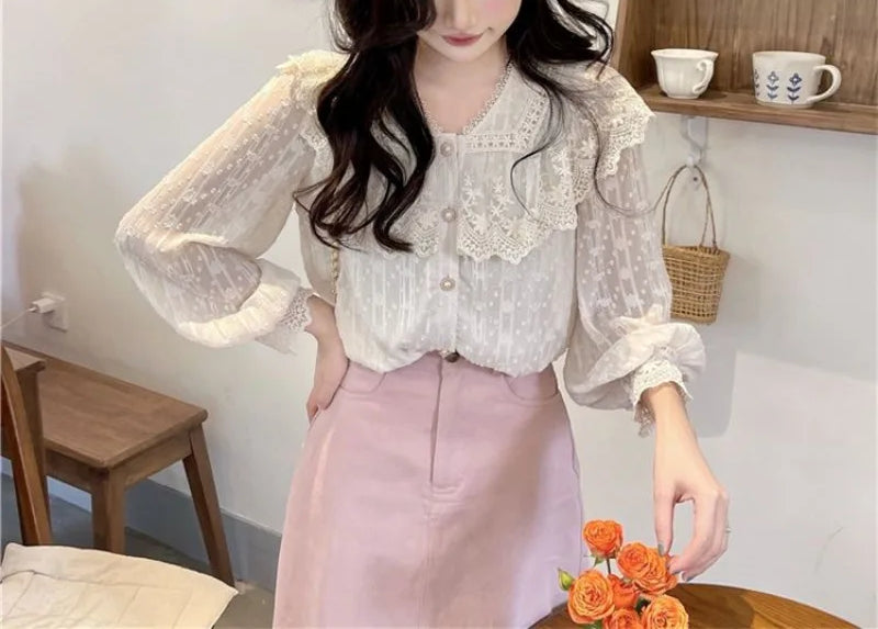 Lace Ruffle Edge Long Sleeve Blouse Sweet Blouse