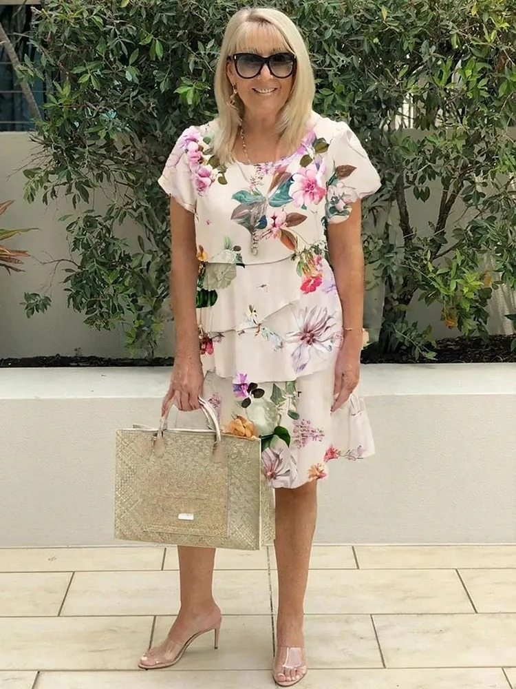Floral Short Sleeve Tiered Ruffle Midi Dress