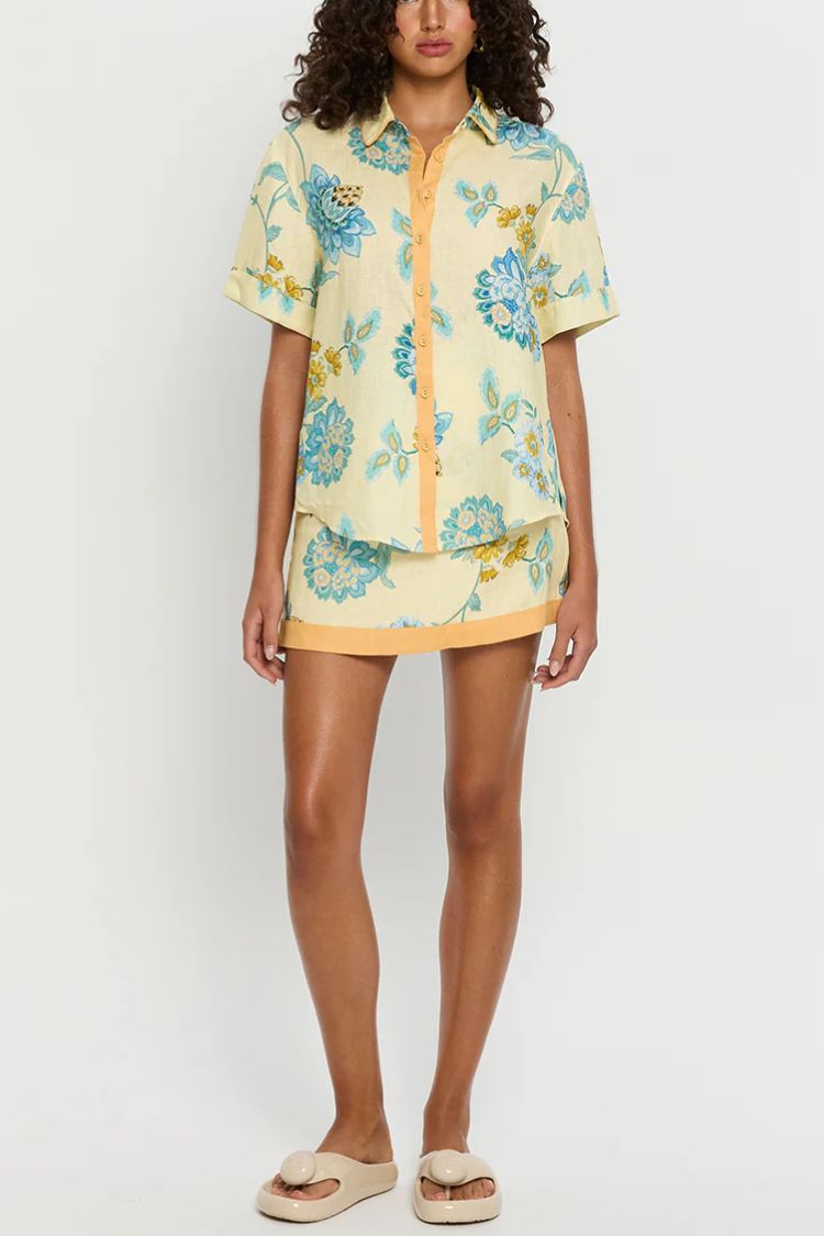 Giselle Linen Blend Floral Print Short Sleeve Shirt and Zipper Mini Skirt Set - Fashionpara