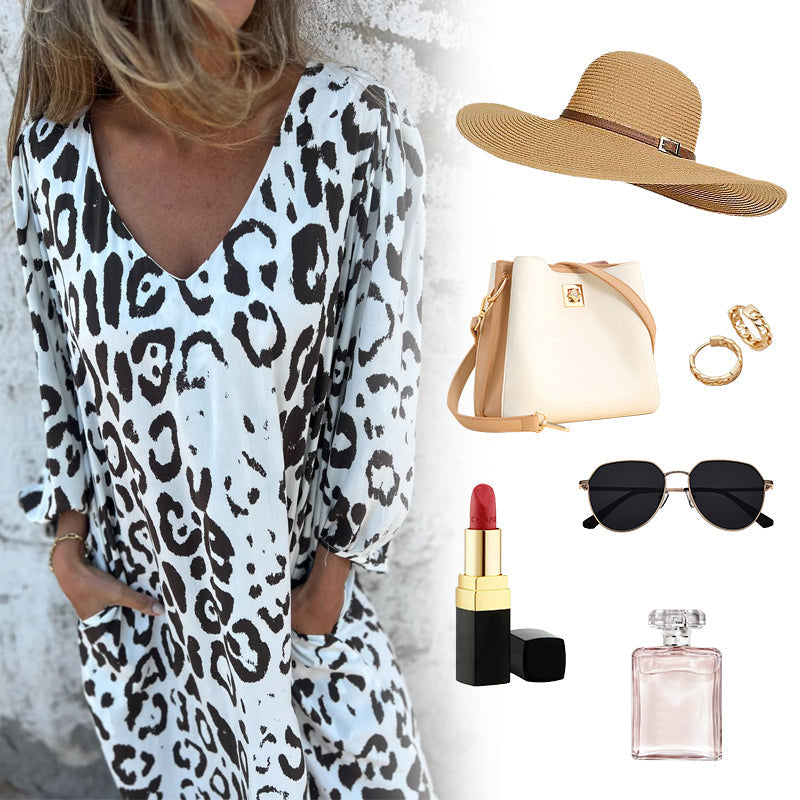 Leopard Print V-Neck Puff Sleeve Pocket Midi Dress 6
